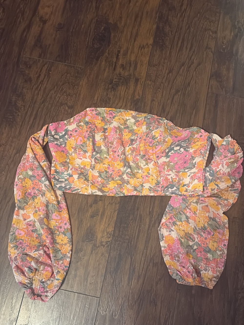 wild fable Floral Puff-Sleeve Crop Top in Pink, Yellow & Gray